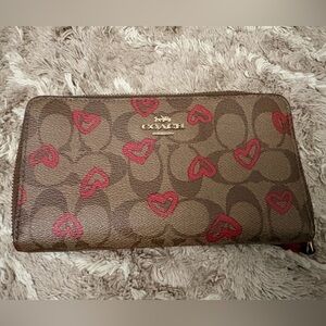 Coach Brown Wallet with Red Heart Accents